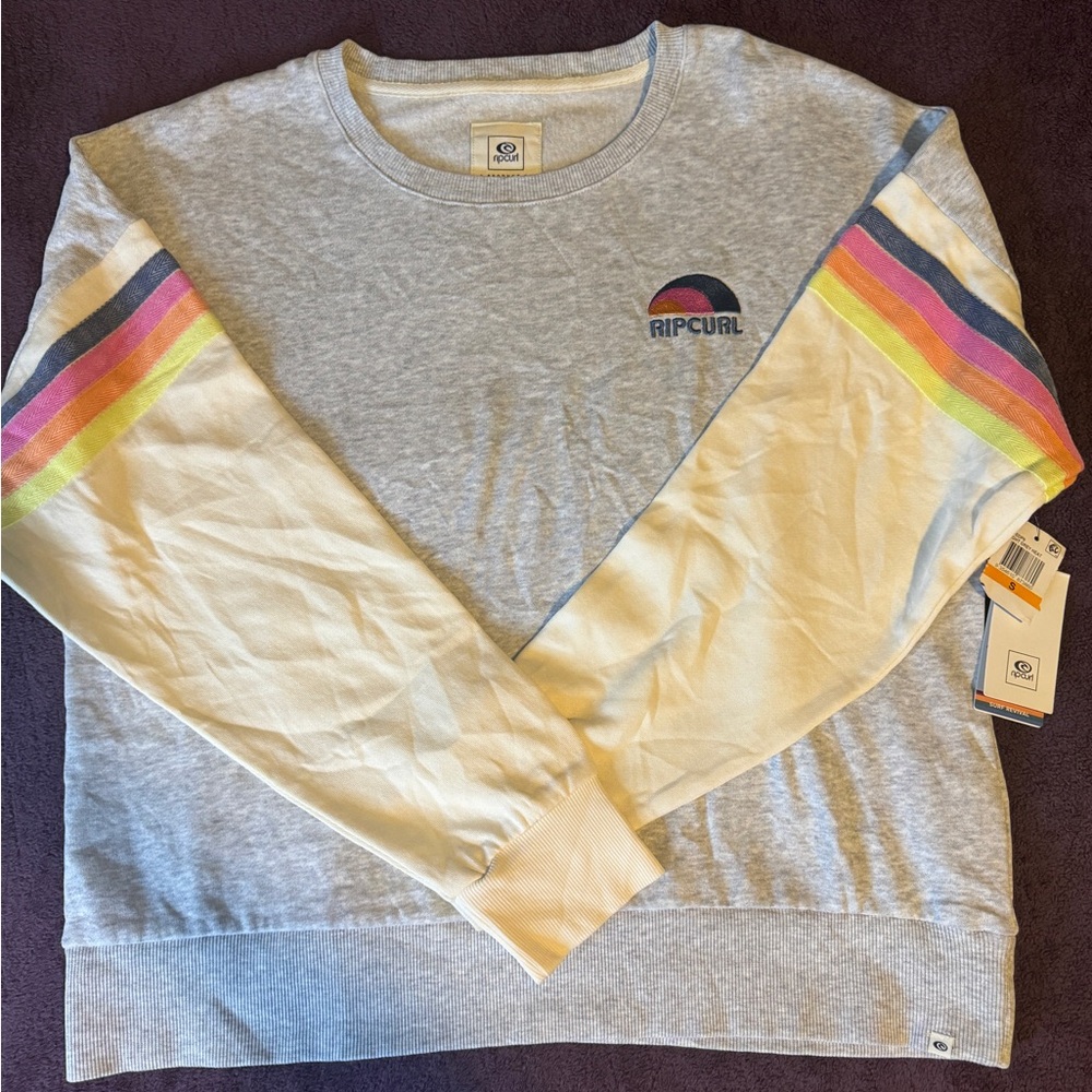 Rip Curl Gray and Cream Crewneck oversized Sweater with Rainbow Stripes